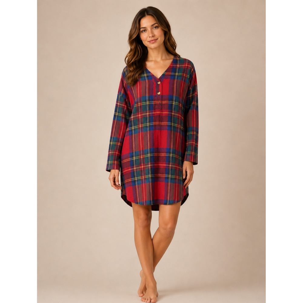 Vintage 90s Montage Plaid Henley Sleep Shirt‎ XL Red Cotton Flannel Cabincore